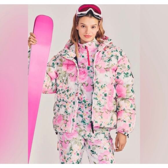 LoveShackFancy Raissa Fire+Ice Floral Puffer Jacket – White & Pink, US 10 - Picture 2 of 11